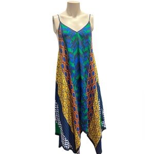 Jealous Tomato Vibrant Asymmetrical Dress in Blue, Green, and Yellow